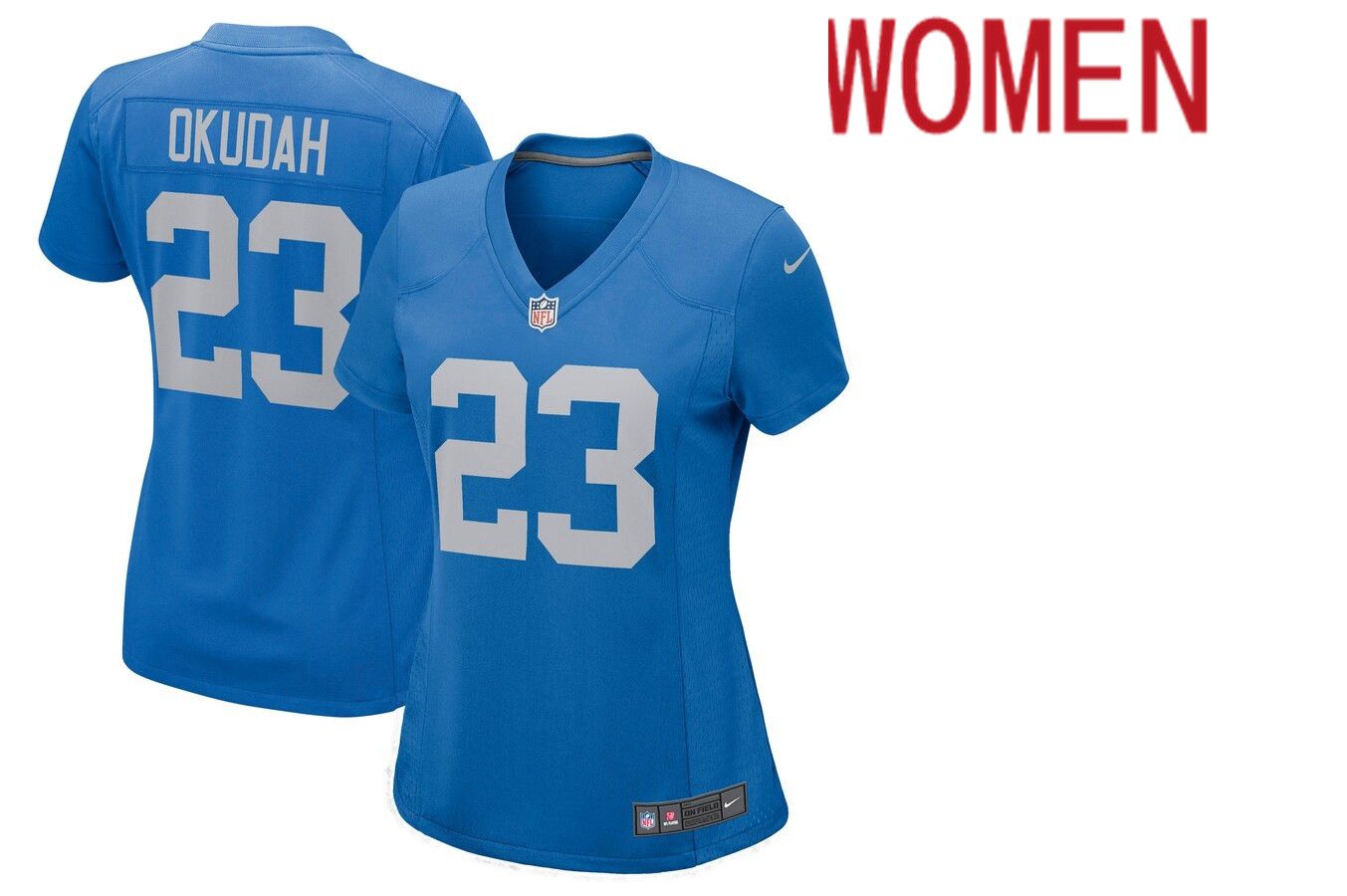 Women Detroit Lions #23 Jeff Okudah Nike Blue Game Player NFL Jersey->women nfl jersey->Women Jersey